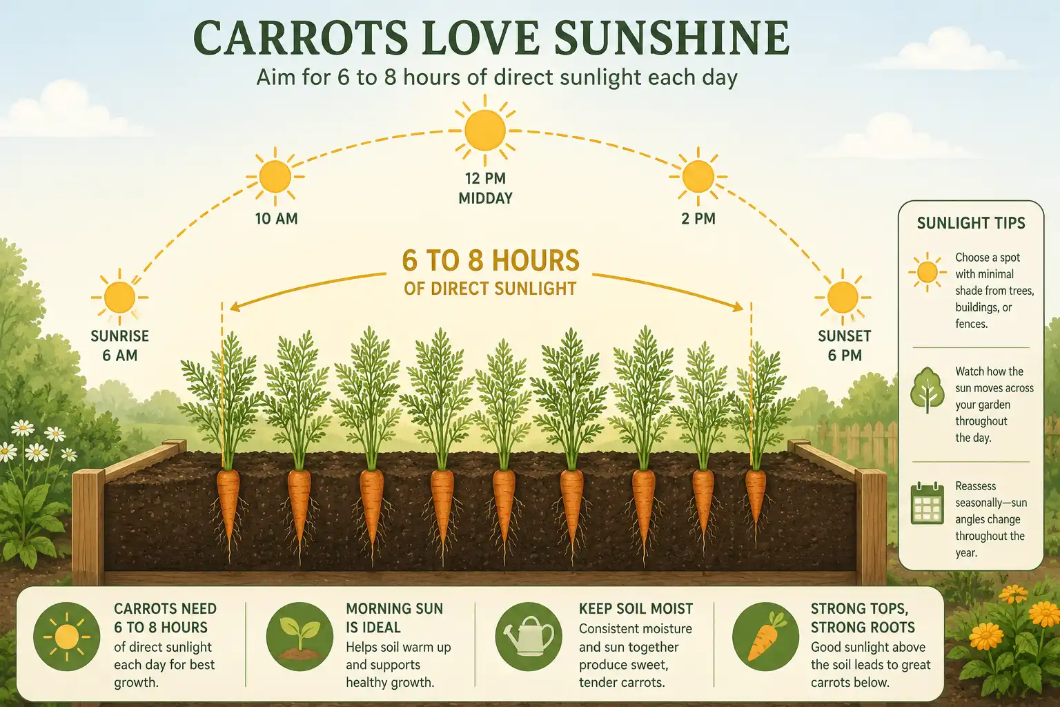 Diagram of carrots need six to eight hours of direct sun each day