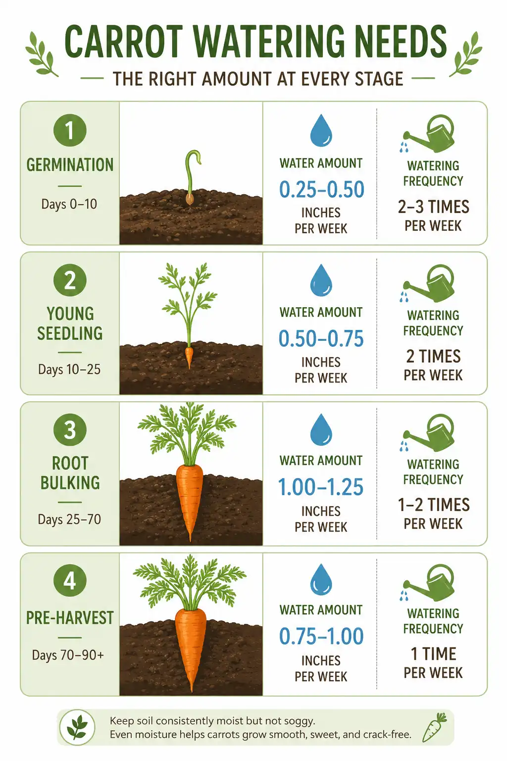 Infographic of how much water carrots need at each growth stage from germination to harvest