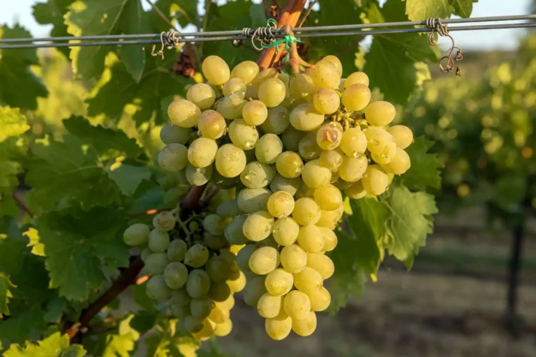 Cluster of pale green Autumn Crisp grapes hanging on a California vineyard vine at harvest