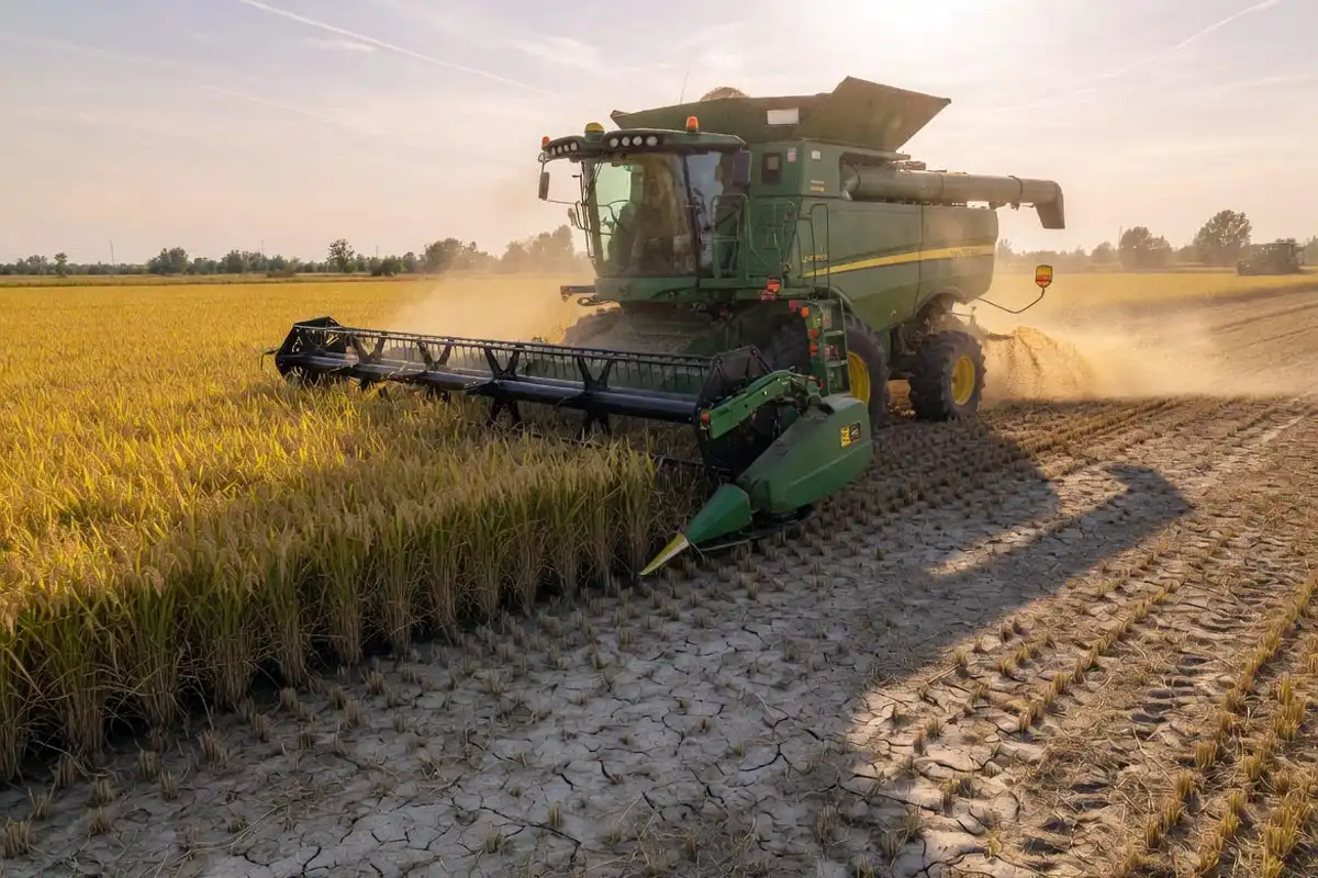 Combine harvesting rice after paddy drainage two weeks before harvest