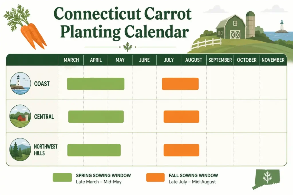 Infographic of the Connecticut carrot planting calendar with spring and fall windows for coastal, central, and northwest regions