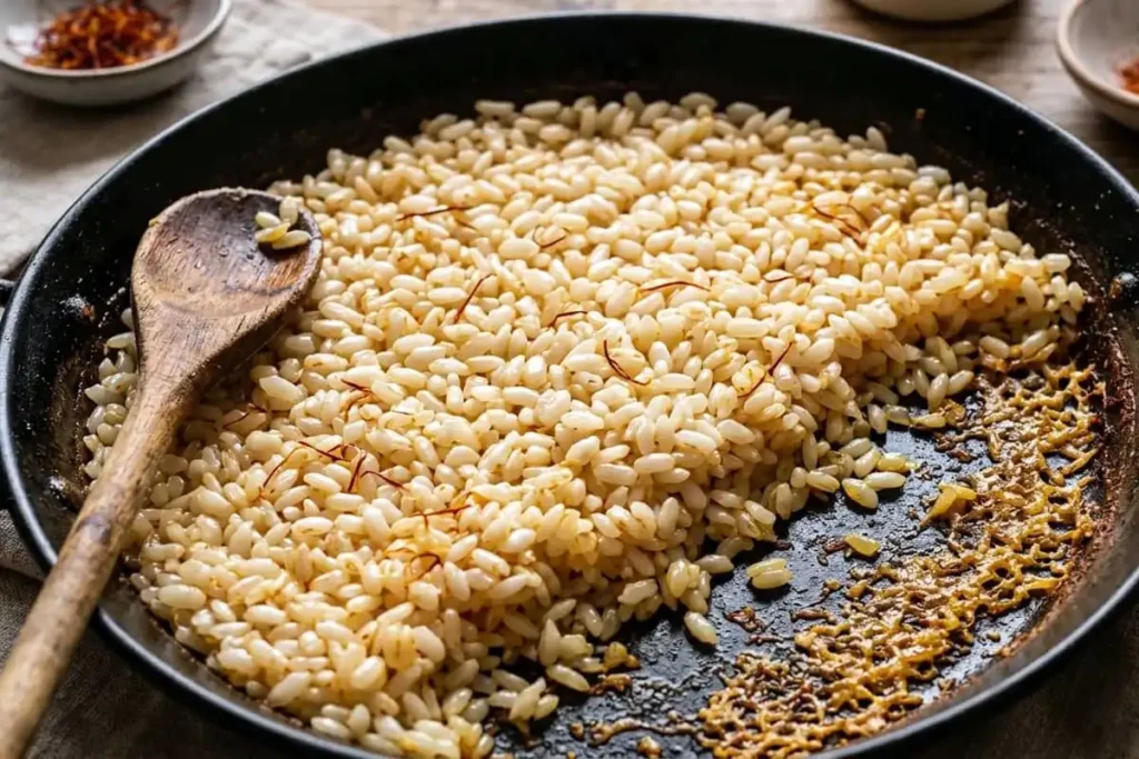 Cooked bomba rice grains expanded in a paella pan showing the golden socarrat crust