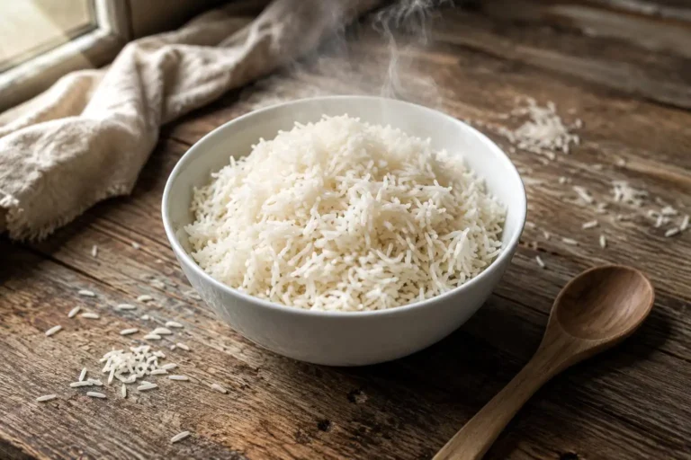 Cooked popcorn rice in a white bowl showing long aromatic grains and rising steam