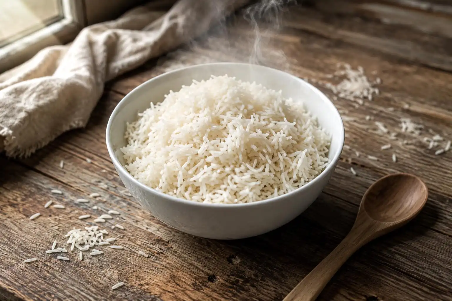 Cooked popcorn rice in a white bowl showing long aromatic grains and rising steam