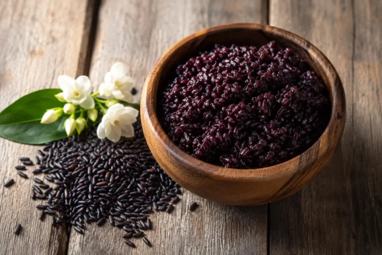 Cooked rice berry in a wooden bowl beside raw dark purple grains, showing what rice berry looks like
