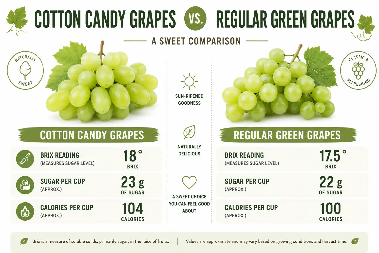 Infographic comparing whether cotton candy grapes are unhealthy in sugar and calories