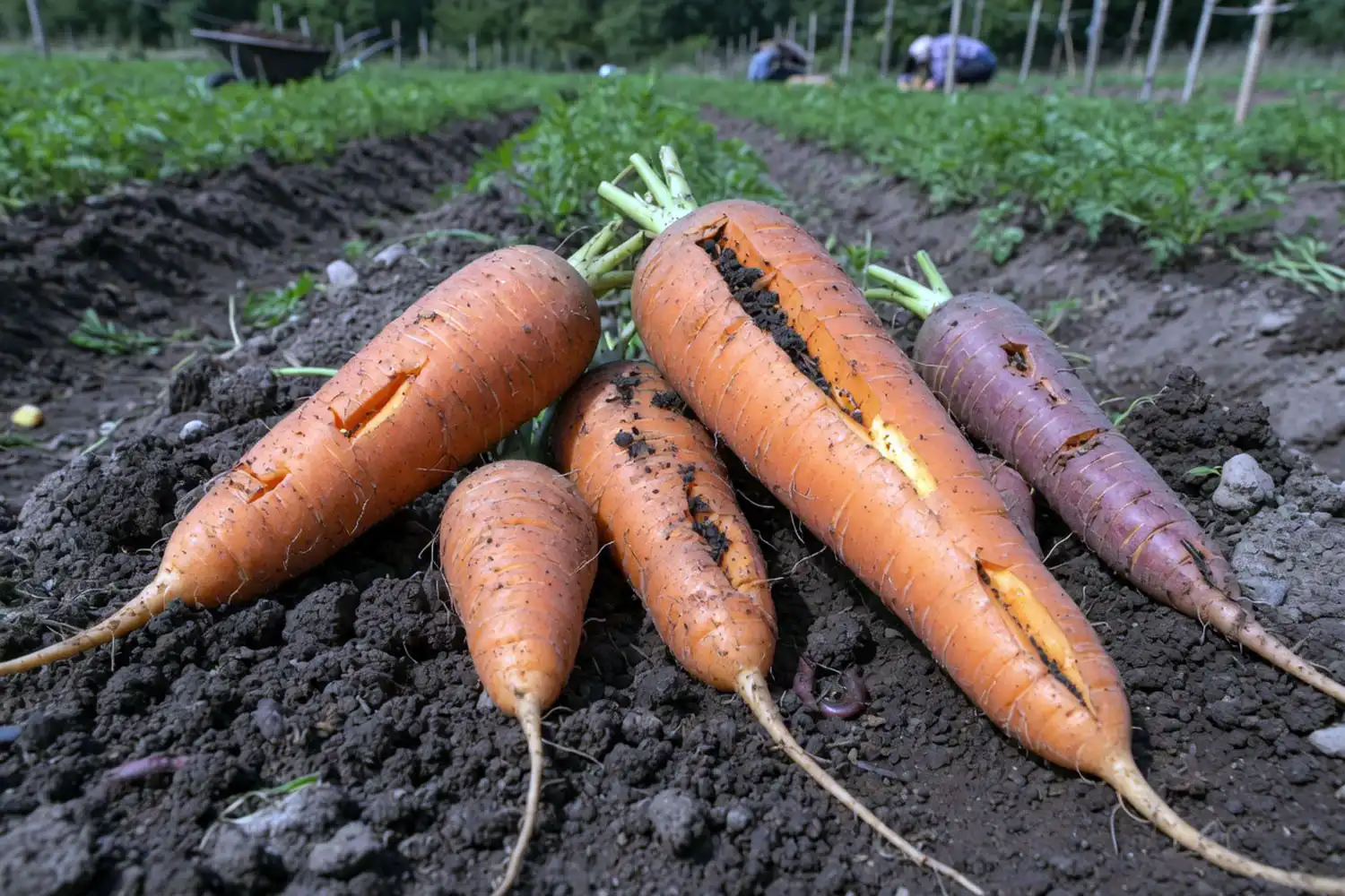 Split and cracked carrots of the result of inconsistent watering in the field