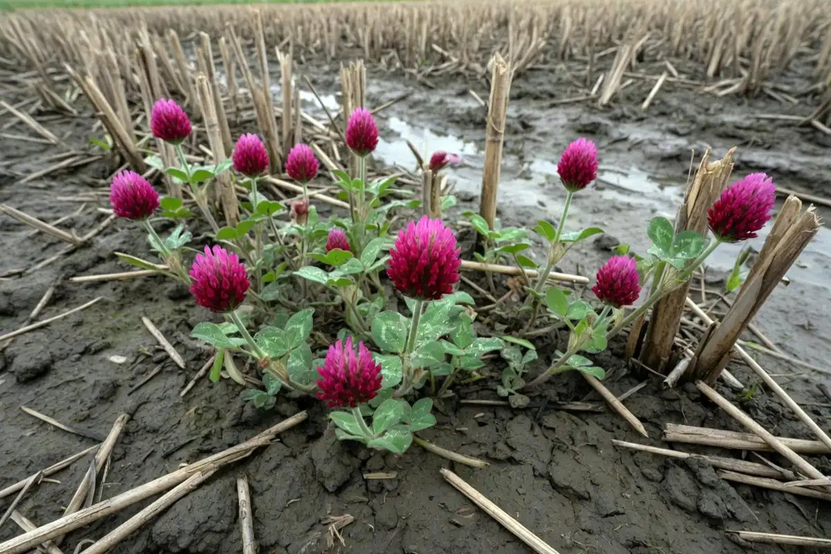Crimson clover cover crop fixing nitrogen in a rice field between regenerative rice seasons