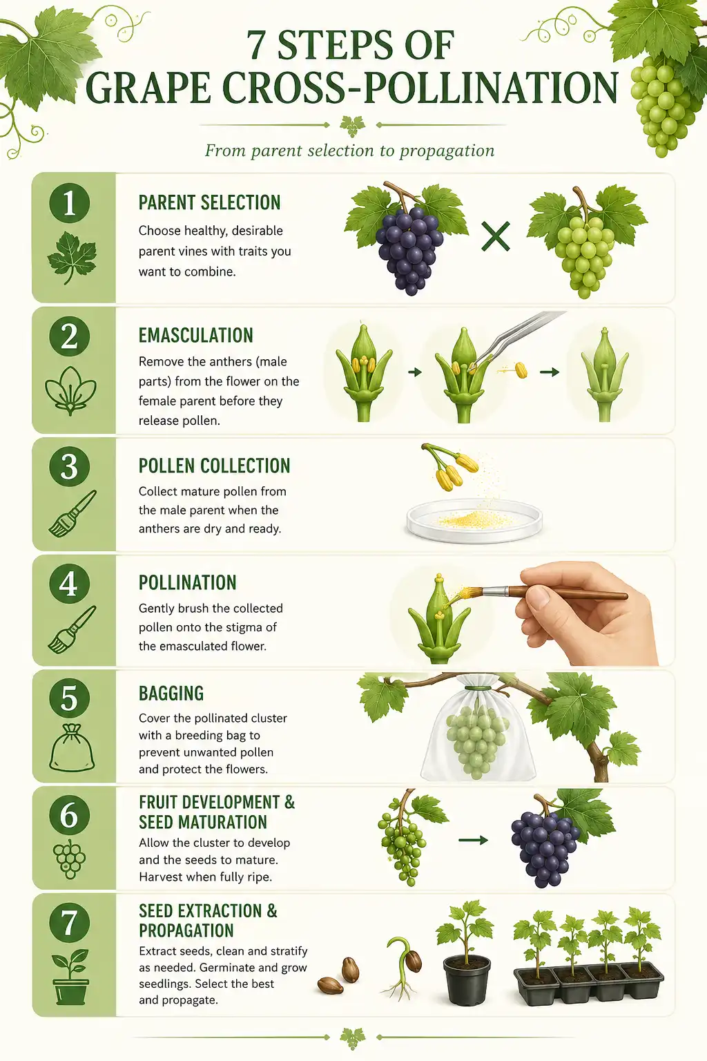 Infographic of the seven steps breeders use to cross-pollinate parent vines and develop cotton candy grapes