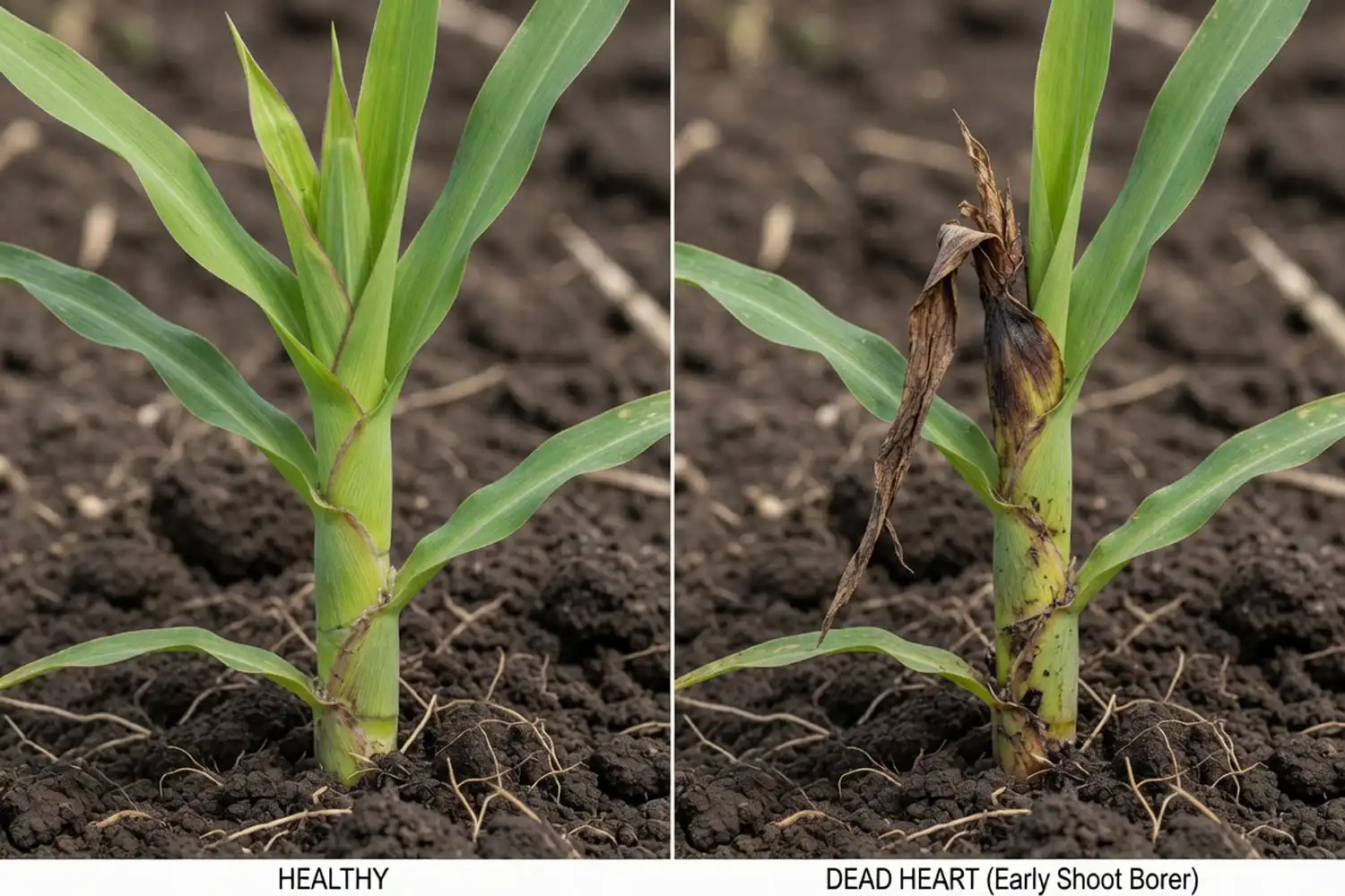Sugarcane dead heart caused by cane beetle feeding compared to a healthy shoot