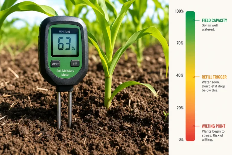 A meter percentage only tells you to water once you compare it against your own field capacity, with the refill point sitting partway below it.