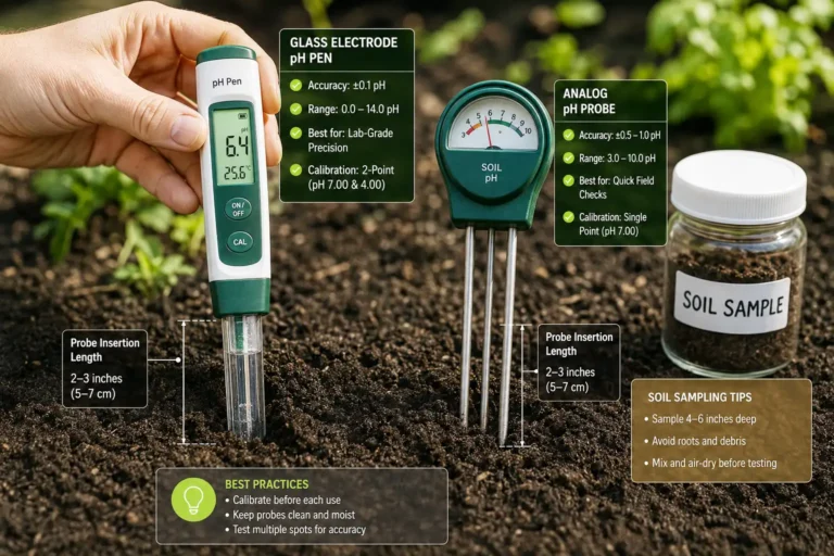 A calibrated glass electrode pH meter is the most accurate choice for soil testing, shown beside an analog probe and a lab sample jar.