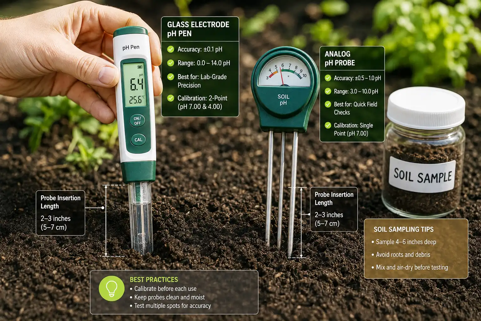 A calibrated glass electrode pH meter is the most accurate choice for soil testing, shown beside an analog probe and a lab sample jar.