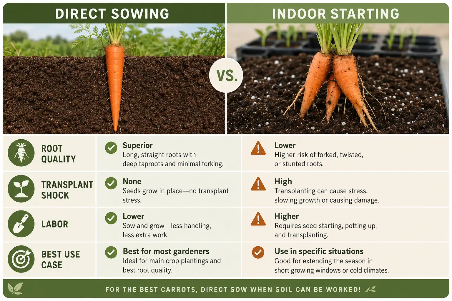 Comparison chart of direct sowing produces straighter carrots than starting carrots indoors