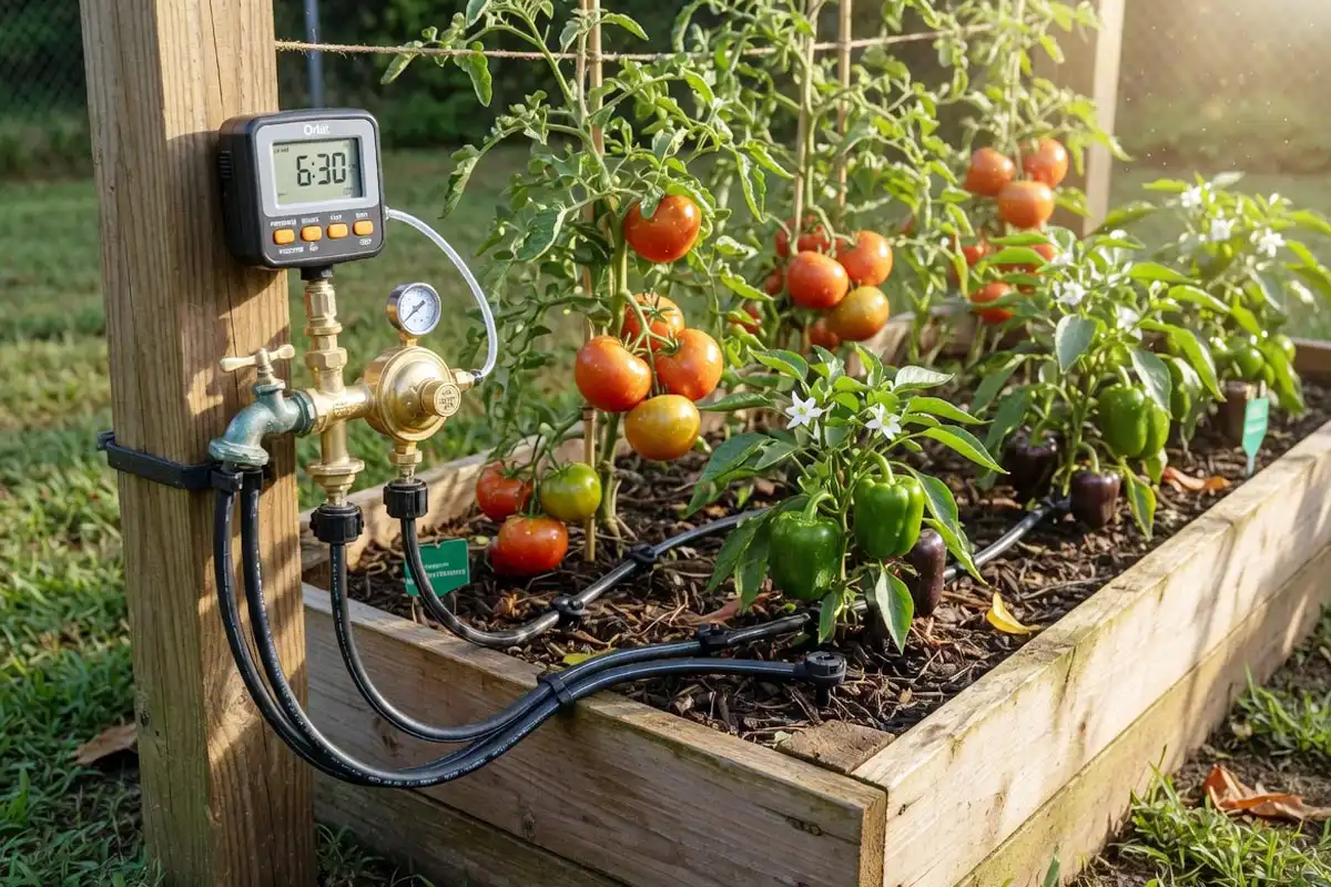 Drip irrigation kit with timer set up on raised vegetable bed