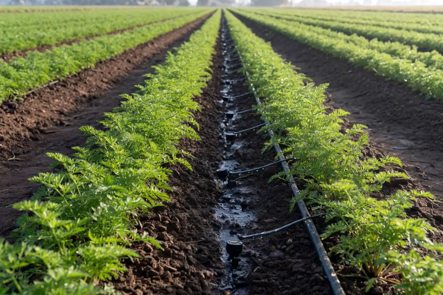 Drip irrigation delivering even water to a carrot row at the root zone