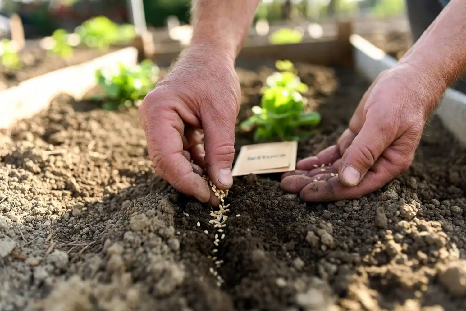 Farmer planting lettuce seeds at a shallow 1/8 inch depth on prepared garden soil