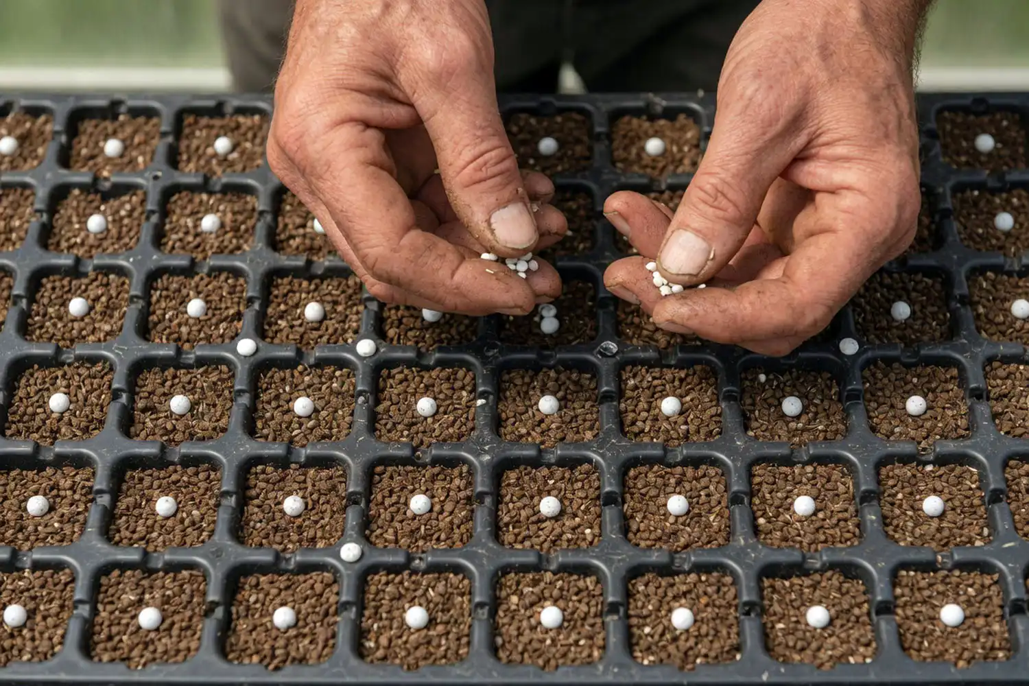Farmer sowing pelleted lettuce seeds at the correct depth into a seed starting tray