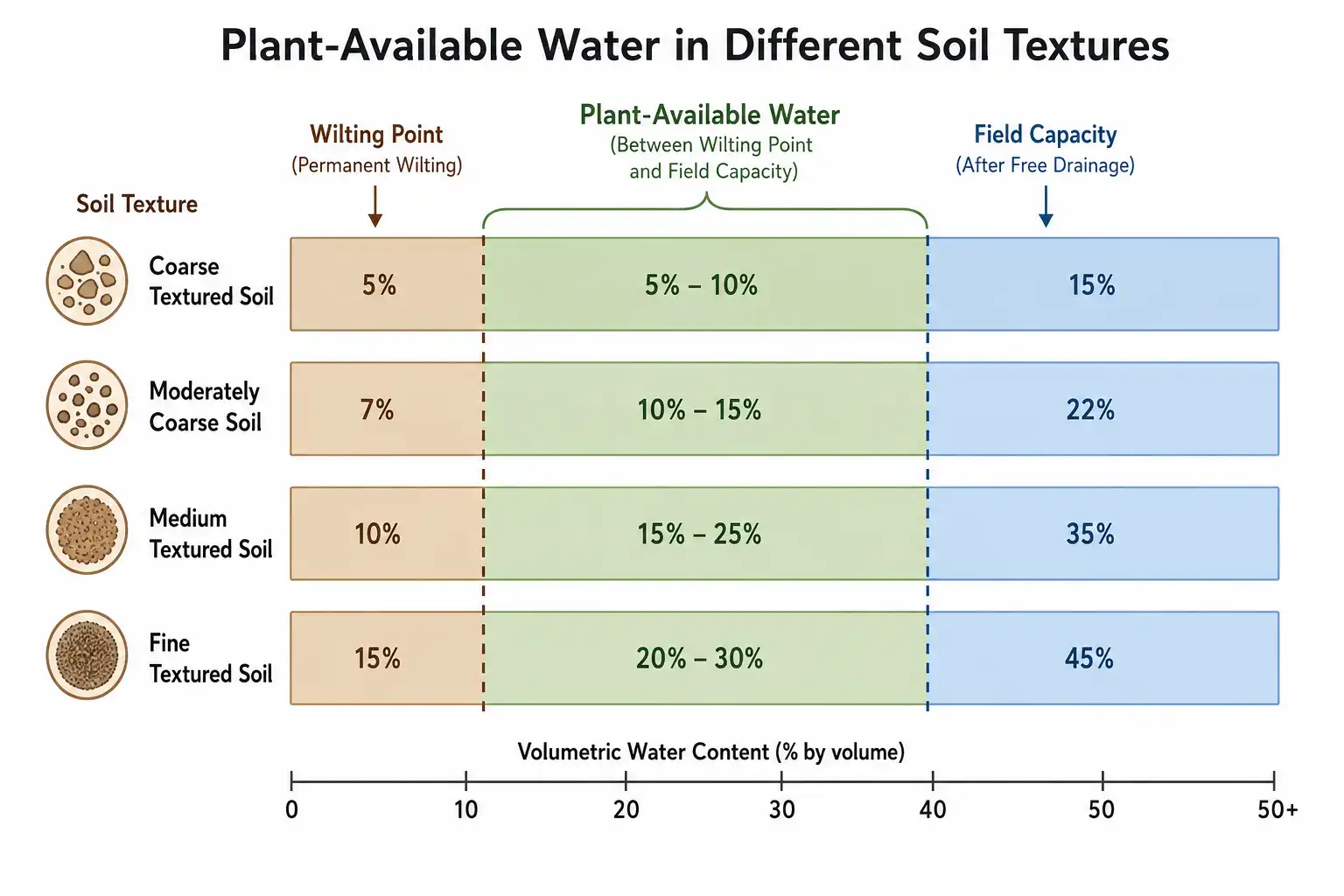 Field capacity sits below 20 percent water content in sand and above 35 percent in clay, so one meter reading never means the same thing on every soil.