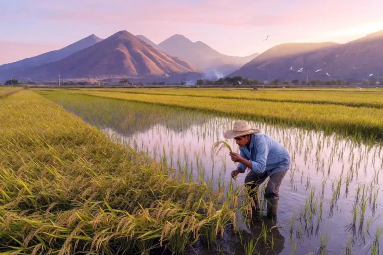 Flooded Mexican rice paddy in Morelos at sunset, showing where Mexico grows rice today