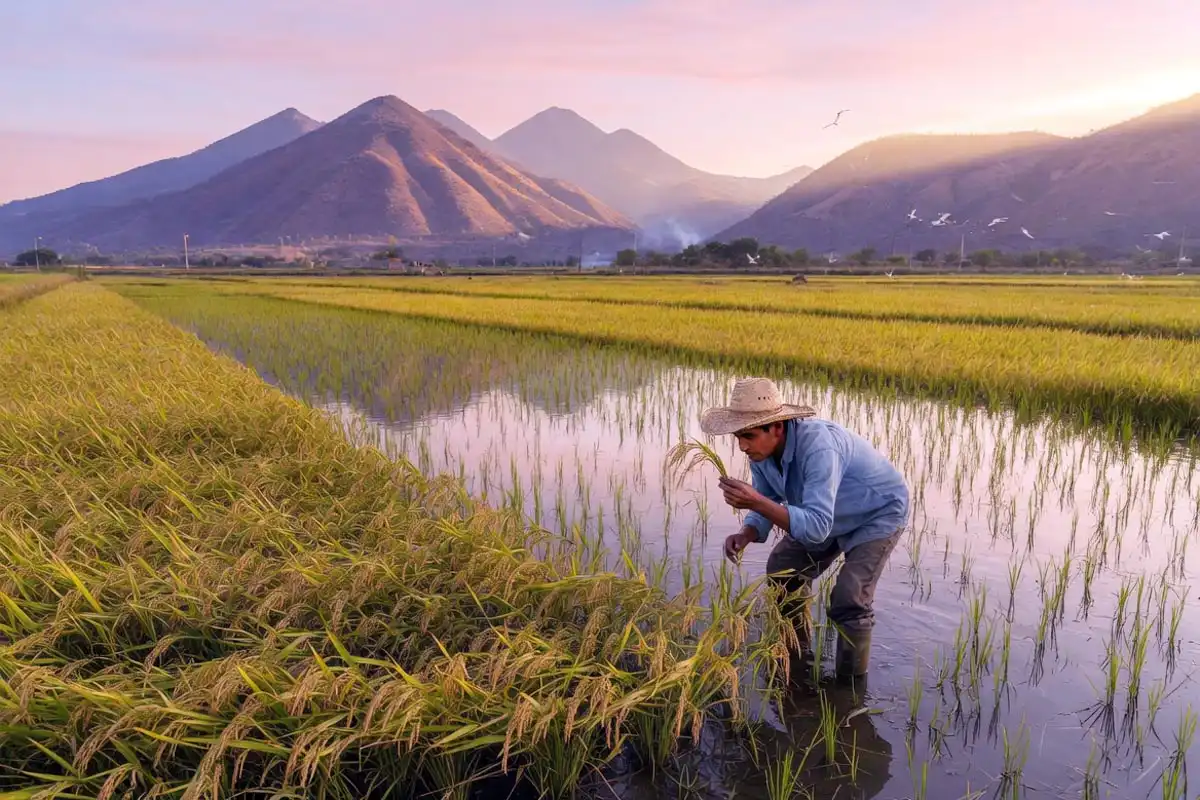 Flooded Mexican rice paddy in Morelos at sunset, showing where Mexico grows rice today