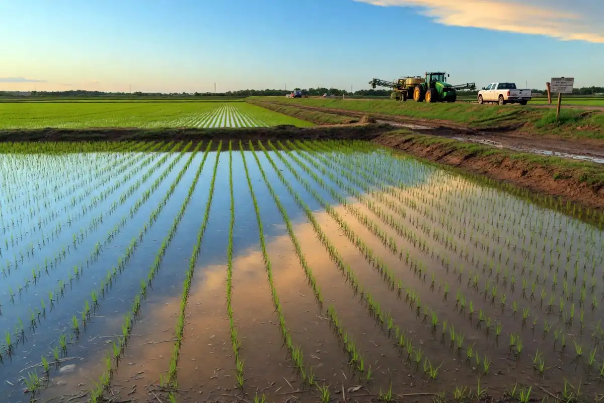 Flooded rice paddy showing why rice paddies are flooded during the growing season