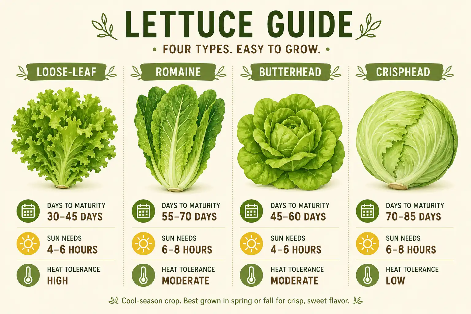 Infographic of comparing loose-leaf, romaine, butterhead, and crisphead lettuce for home growing