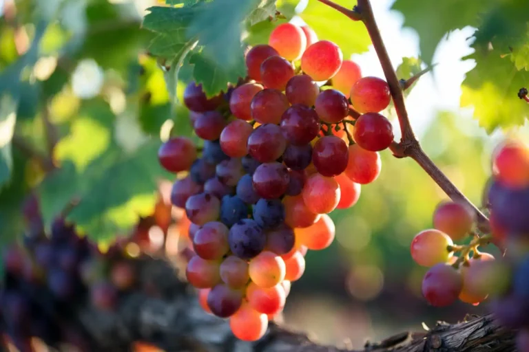 A ripe cluster of Candy Snaps red grapes on the vine, showing the rounded berry shape of this conventionally bred grape variety.