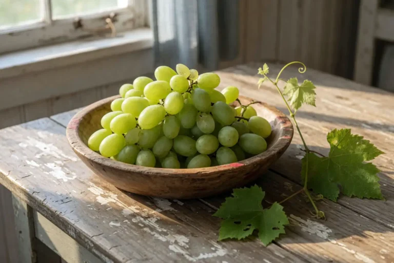 Fresh cotton candy grapes in a wooden bowl on a Kansas farm table