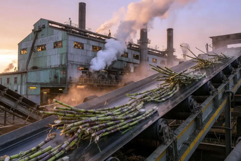Conveyor of freshly cut sugarcane stalks moving into a sugar mill where sugar is made from sugarcane