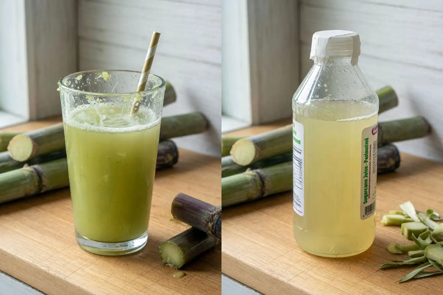 Side by side comparison of fresh pressed sugarcane juice and bottled sugarcane juice on a wooden counter