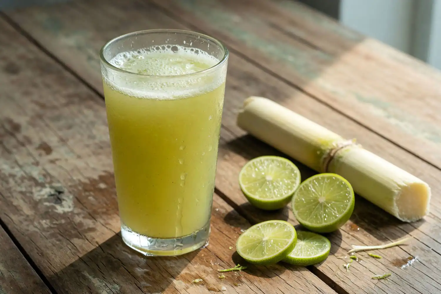 Fresh sugarcane juice in a glass showing the pale green color and light foam of pressed cane