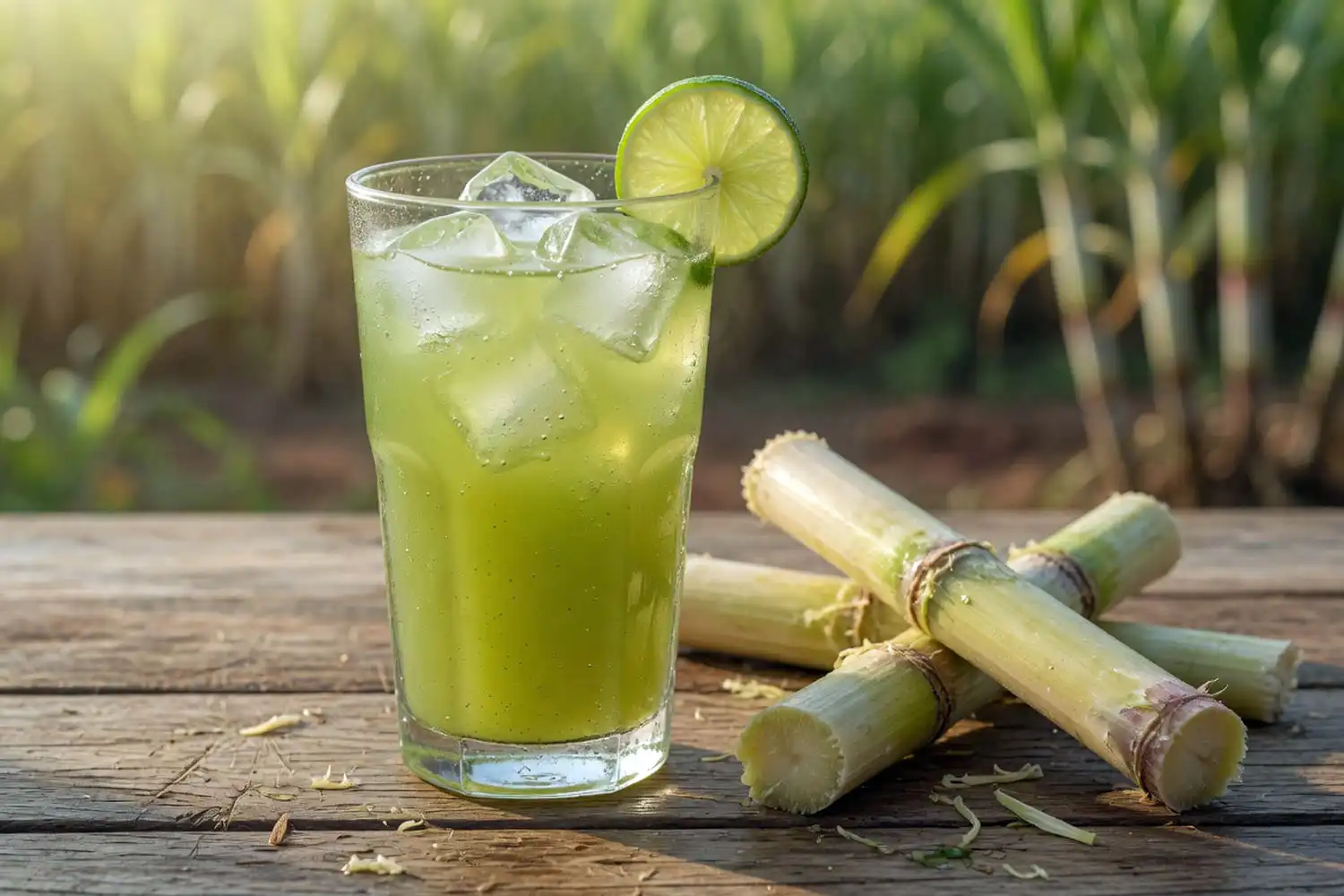 Fresh sugarcane juice in a tall glass beside peeled sugarcane stalks showing health benefits of sugarcane juice