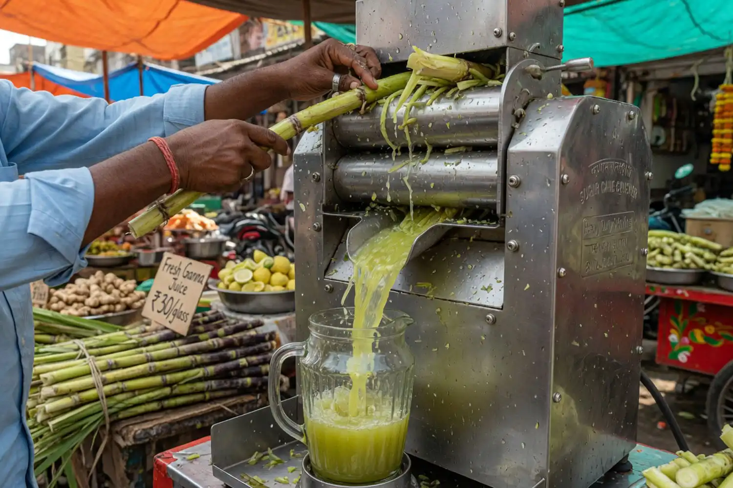 Sugarcane stalks pressed in a juicer producing fresh green juice for tasting