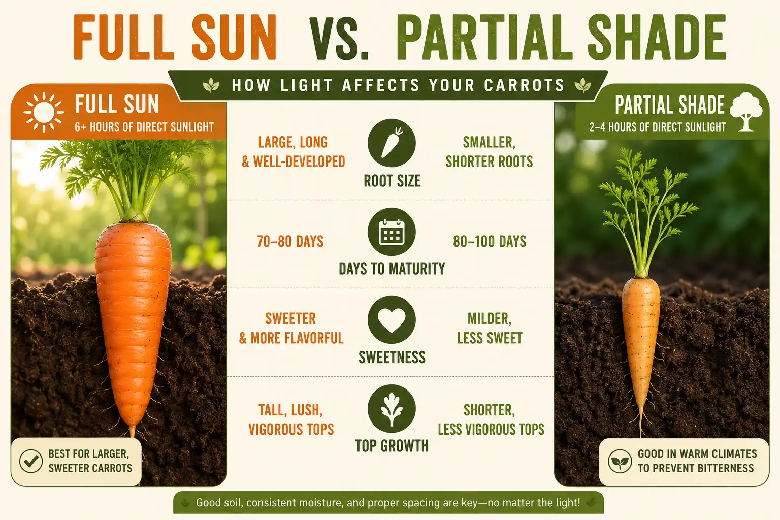 Comparison of full sun versus partial shade carrot root size and sweetness
