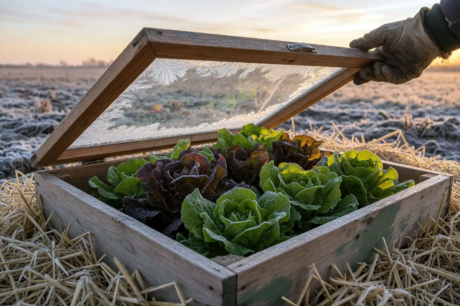 Winter lettuce growing in a cold frame on a Kansas farm with morning frost on the lid