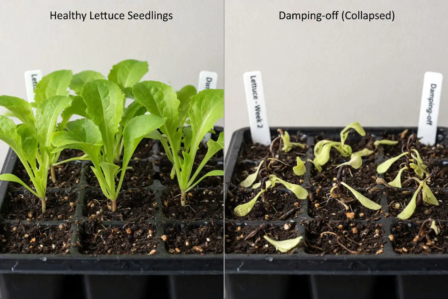 Side-by-side comparison of healthy lettuce germination versus damping off seedling collapse