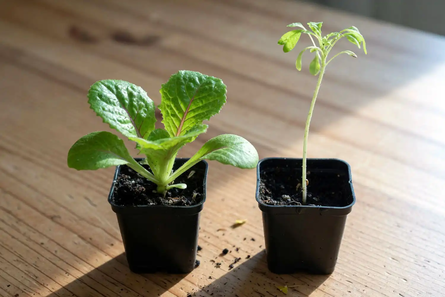 Healthy lettuce seedling next to a leggy lettuce seedling grown with poor light