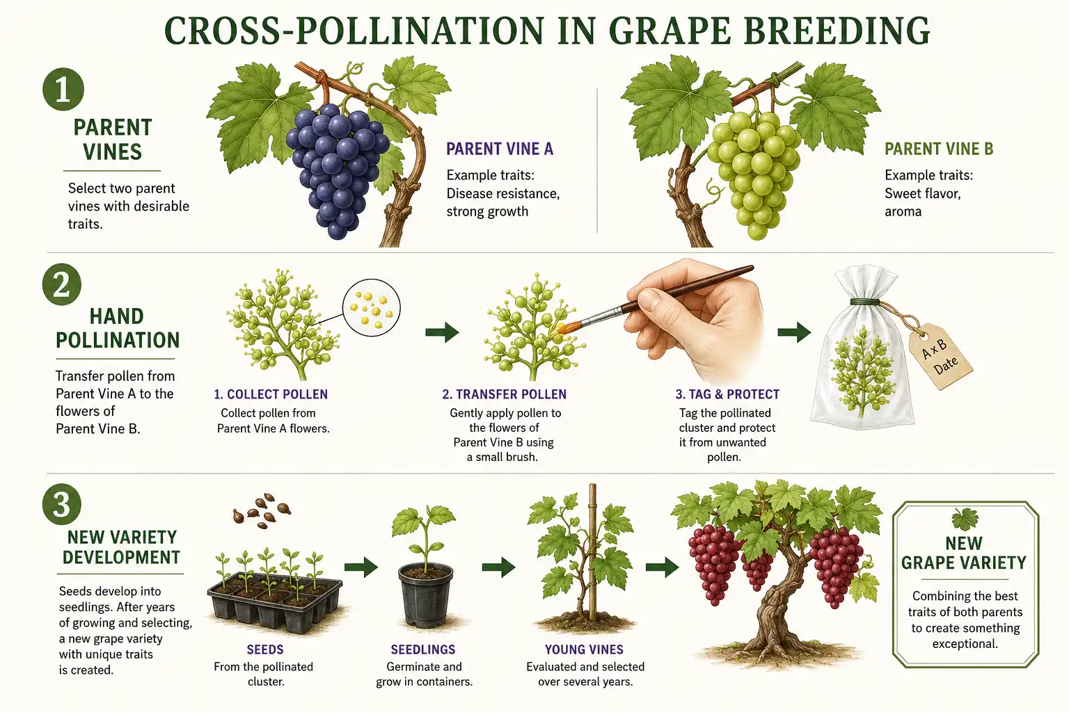 Infographic of how Candy Snaps grapes are bred through traditional cross-pollination of two parent grape vines instead of genetic modification.