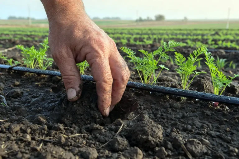 Farmer checking how much water carrots need by testing soil moisture next to a field row