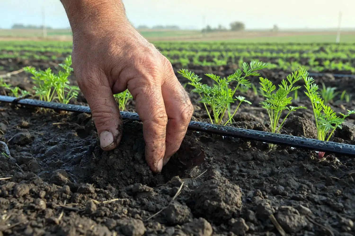 Farmer checking how much water carrots need by testing soil moisture next to a field row