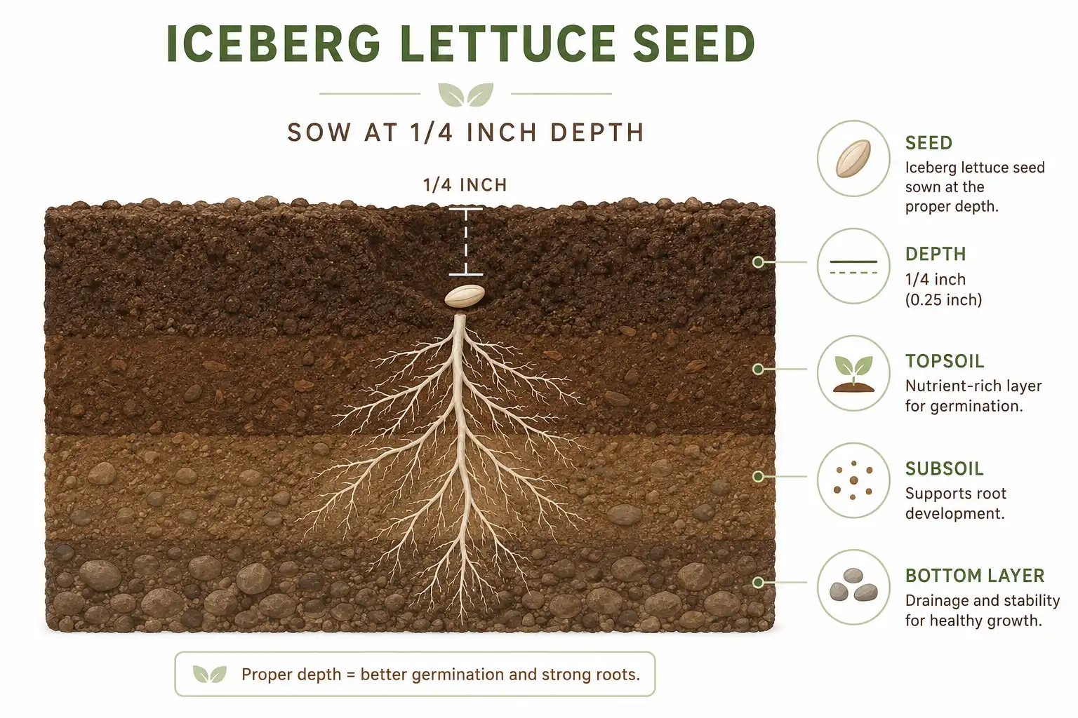 Diagram of 1/4 inch seed depth and proper soil layers for planting iceberg lettuce
