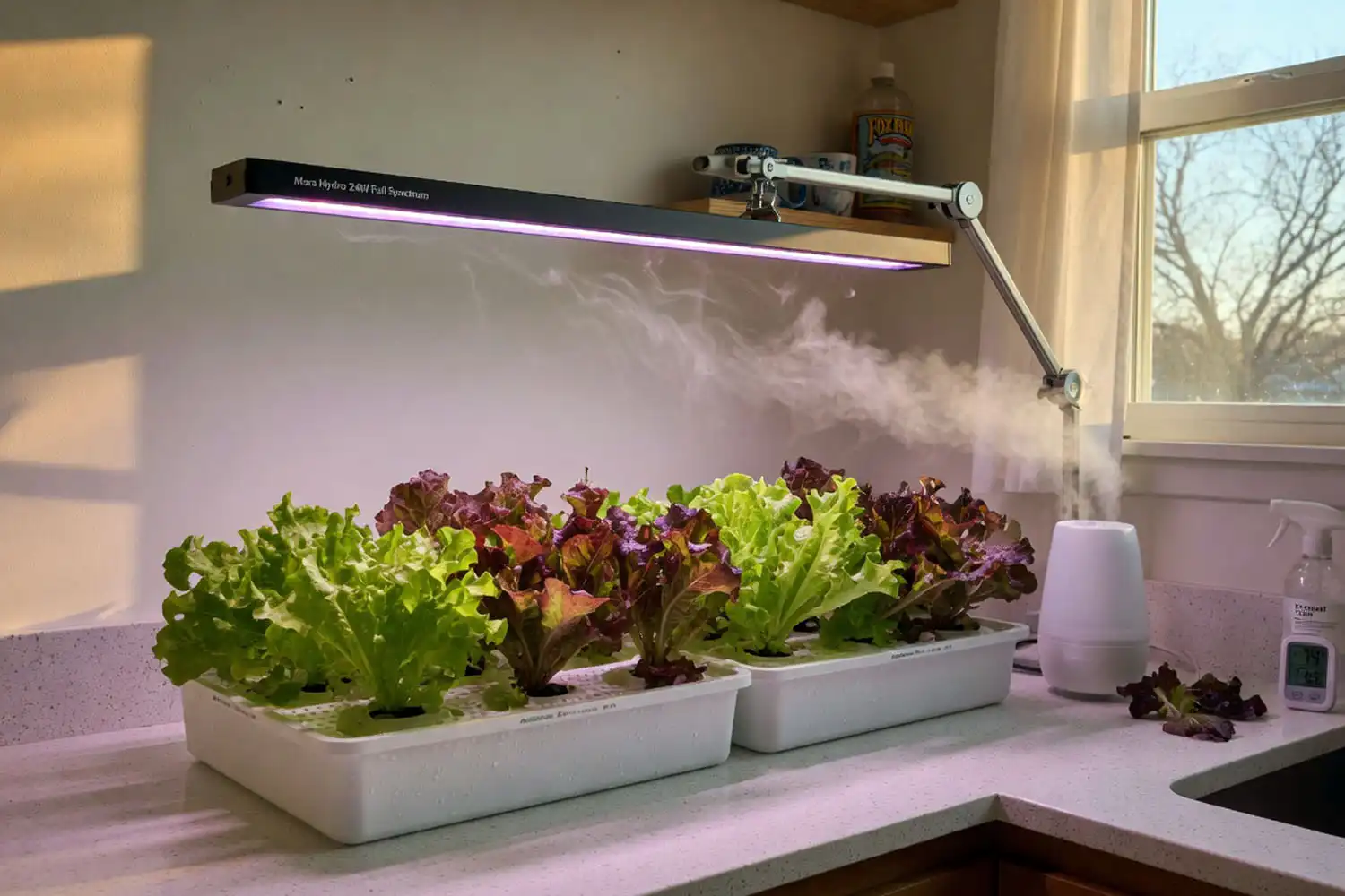 Loose-leaf lettuce plants growing indoors under an LED grow light