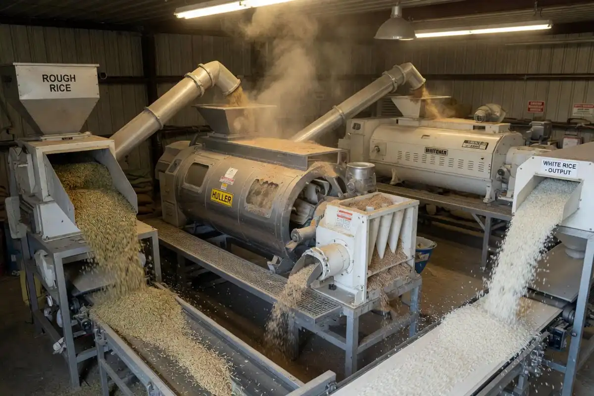 Rice mill huller and whitener stages producing whole rice and broken rice