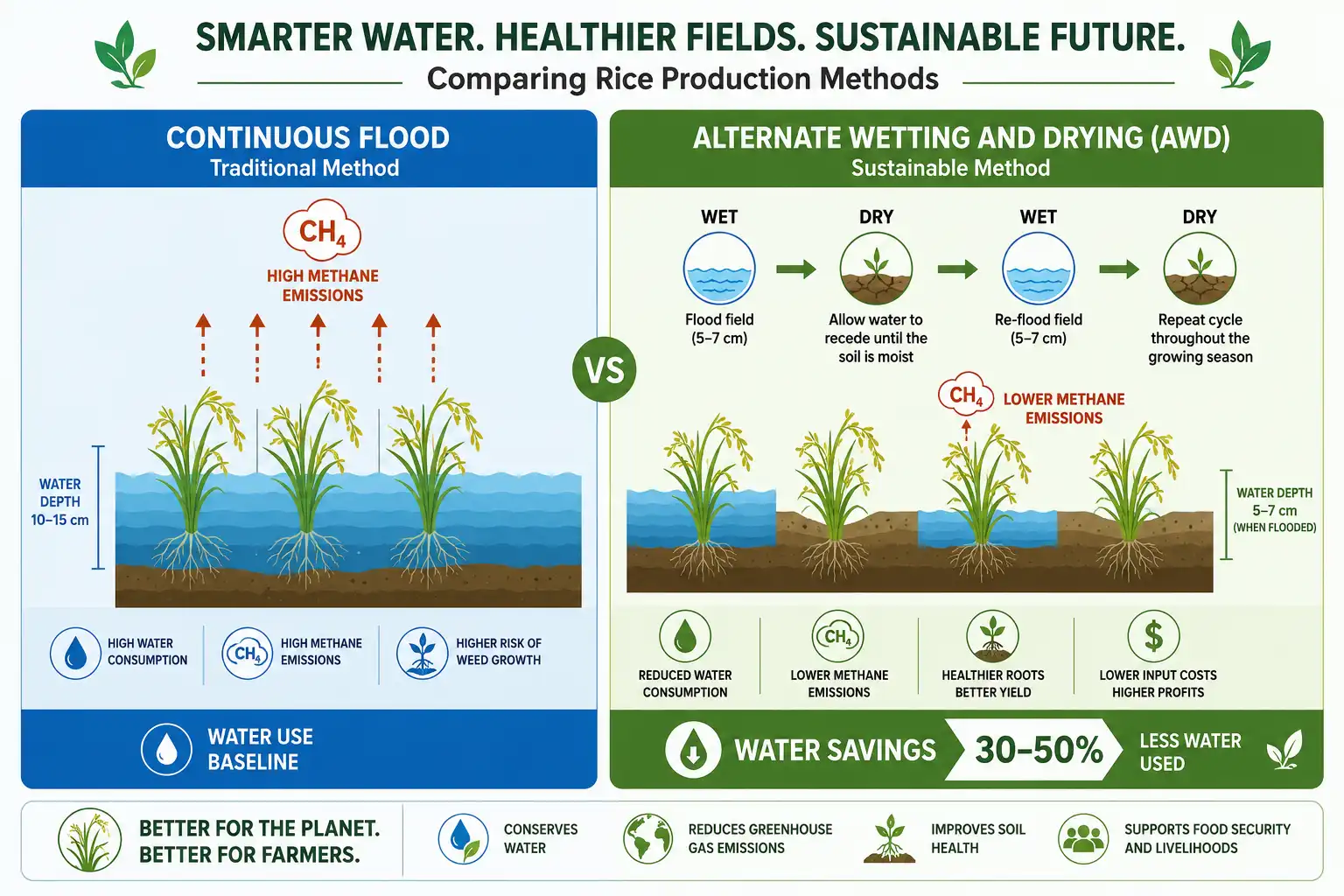 AWD vs continuous flood comparison showing water savings in rice paddies