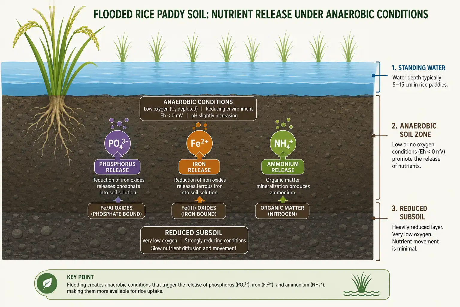 Soil chemistry infographic explaining why rice paddies are flooded for nutrient release