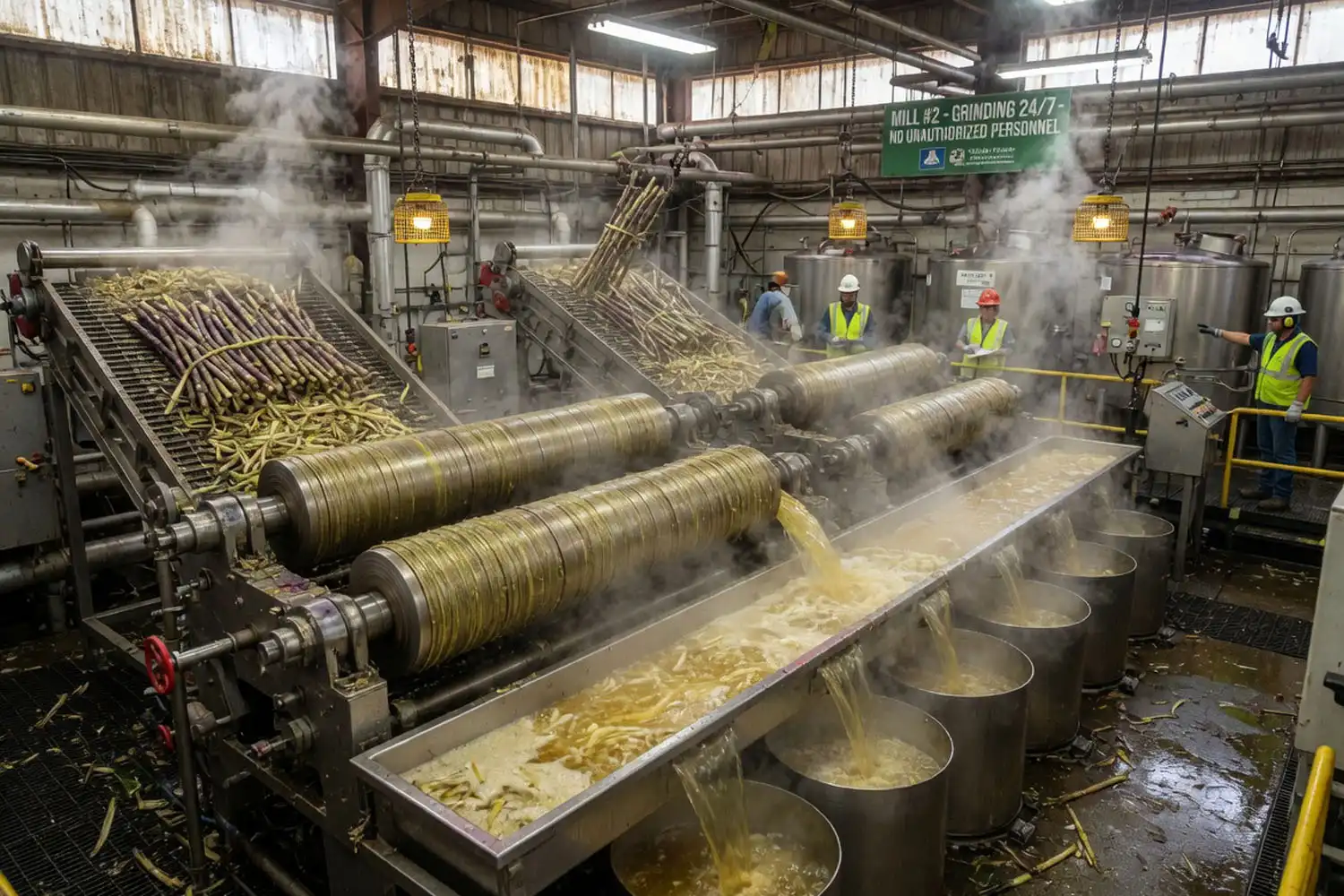 Interior of a US sugarcane mill of roller mills crushing cane stalks and juice extraction during grinding season
