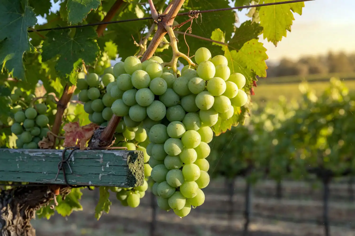 Oversized cluster of green Autumn Crisp grapes ripening on a California vineyard trellis