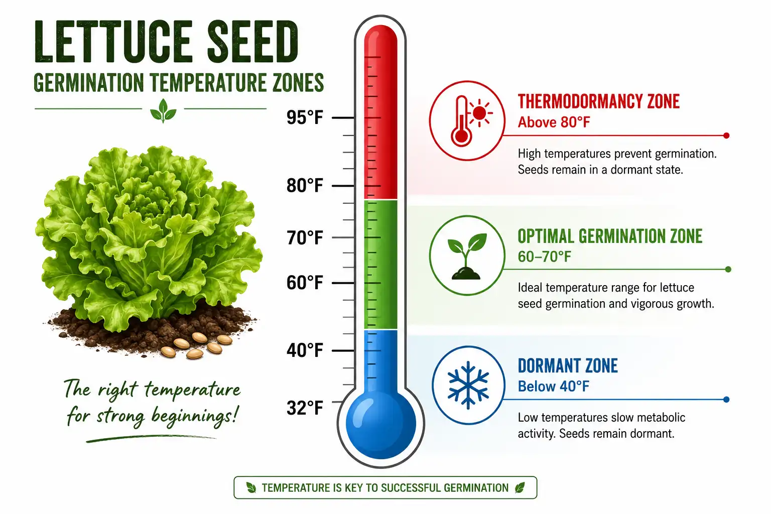 Infographic of ideal soil temperature for lettuce germination and the thermodormancy zone