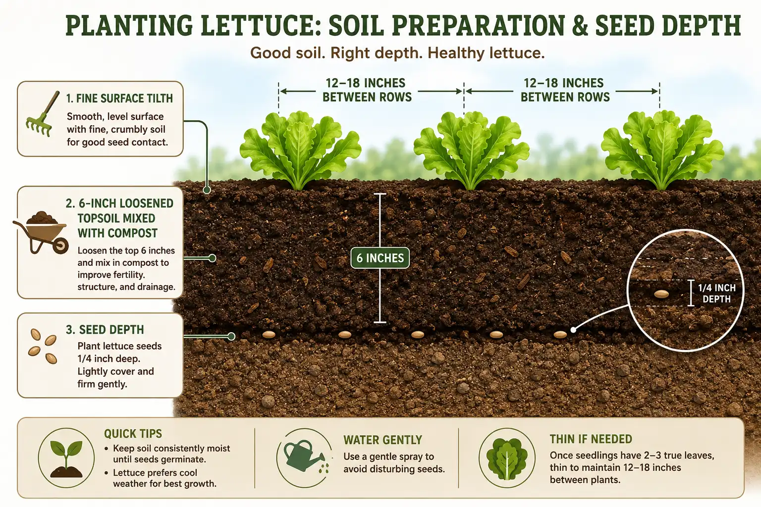 Infographic of how deep to plant lettuce from seed and soil preparation layers
